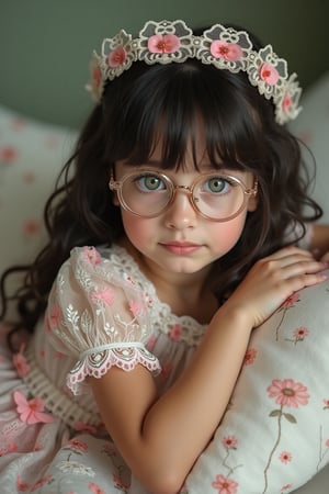 Full body portrait hyper realistic shot with ultra detailed photo of a 11 year old russian child wearing a colorful detailed frilly chifon lace sheer lolita puffy dress, pale green eyes, dark hair, cute fringe, glasses, cute looking, leaning playful, climbing a pillow, looking at the camera, natural light, siena studio lighting, masterpiece, angelical. hyper realistic photo, UHD quality. hyper realistic photo, UHD quality.,everything in focus, more detail XL., ,suzuka,bm, more details and textures, cinematic shot, studio shot, ultra realistic illustration, siena natural ratio,Fantasy detailers 