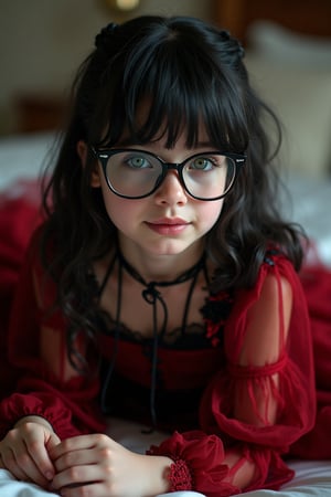 Portrait hyper realistic shot of a fullbody 14 year old russian child wearing a red and black detailed frilly chifon lace sheer rococo gothic dress, 

Pale green eyes, black hair, cute fringe, glasses, cute looking, 

Laying on her backside, rolling on bed, looking at the camera, 
natural light, siena studio lighting
UHD quality.,everything in focus, more detail XL., ,more details and textures, cinematic shot, studio shot, ultra realistic illustration, siena natural ratio,Fantasy detailers 