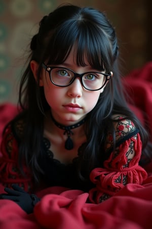 Portrait hyper realistic shot of a fullbody 14 year old russian child wearing a red and black detailed frilly chifon lace sheer rococo gothic dress, 

Pale green eyes, black hair, cute fringe, glasses, cute looking, 

Laying on her backside, rolling on bed, looking at the camera, 
natural light, siena studio lighting
UHD quality.,everything in focus, more detail XL., ,more details and textures, cinematic shot, studio shot, ultra realistic illustration, siena natural ratio,Fantasy detailers 