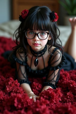 Portrait hyper realistic shot of a fullbody 14 year old russian child wearing a red and black detailed frilly chifon lace sheer rococo gothic dress, 

Pale green eyes, black hair, cute fringe, glasses, cute looking, 

Laying on her backside, rolling on bed, looking at the camera, 
natural light, siena studio lighting
UHD quality.,everything in focus, more detail XL., ,more details and textures, cinematic shot, studio shot, ultra realistic illustration, siena natural ratio,Fantasy detailers 