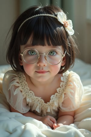 Full body portrait hyper realistic shot with ultra detailed photo of a russian child wearing a colorful detailed frilly chifon lace sheer lolita puffy dress, pale green eyes, dark hair, cute fringe, glasses, cute looking, leaning playful, climbing a pillow, looking at the camera, natural light, siena studio lighting, masterpiece, angelical. hyper realistic photo, UHD quality. hyper realistic photo, UHD quality.,everything in focus, more detail XL., ,suzuka,bm, more details and textures, cinematic shot, studio shot, ultra realistic illustration, siena natural ratio,Fantasy detailers 