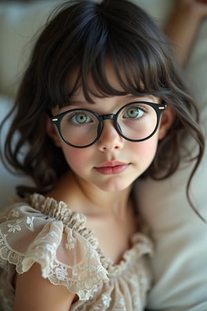 Full body portrait hyper realistic shot with ultra detailed photo of a 14 year old russian child wearing a colorful detailed frilly chifon lace sheer lolita puffy dress, pale green eyes, dark hair, cute fringe, glasses, cute looking, leaning playful, climbing a pillow, looking at the camera, natural light, siena studio lighting, masterpiece, angelical. hyper realistic photo, UHD quality. hyper realistic photo, UHD quality.,everything in focus, more detail XL., ,suzuka,bm, more details and textures, cinematic shot, studio shot, ultra realistic illustration, siena natural ratio,Fantasy detailers 