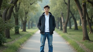 Photo of a Japanese man wearing jeans, pausing on a park path, man facing the camera looking into the distance, full shot.