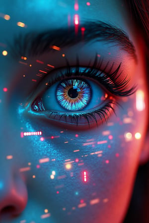 (masterpiece, digital art:1.3), highly intricate double exposure art inspired by Yuumei, (close-up of a person's eye:1.2) superimposed on a bustling city street, cyberpunk aesthetic, trending on CGSociety, multiple exposure technique, overlaying textures with glowing holographic elements, technicolor palette, bright city lights illuminating the scene, reminiscent of "The Matrix" film's Pinterest color scheme, high definition rendering, colorful dream-like atmosphere, elaborate details in the digital art, futuristic and vibrant, captivating visual narrative.,hubgwomen