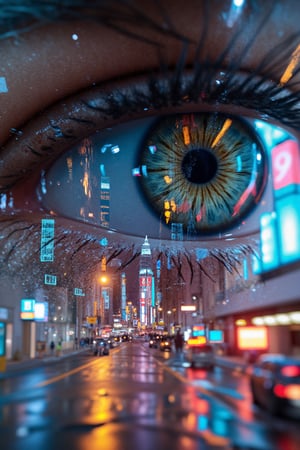 (masterpiece, digital art:1.3), highly intricate double exposure art inspired by Yuumei, (close-up of a person's eye:1.2) superimposed on a bustling city street, cyberpunk aesthetic, trending on CGSociety, multiple exposure technique, overlaying textures with glowing holographic elements, technicolor palette, bright city lights illuminating the scene, reminiscent of "The Matrix" film's Pinterest color scheme, high definition rendering, colorful dream-like atmosphere, elaborate details in the digital art, futuristic and vibrant, captivating visual narrative.