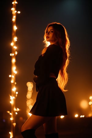 A lone figure bathed in the soft glow of nighttime, her long, luscious locks cascading down her back like a river of gold. The camera captures her ethereal beauty with a shallow depth of field, blurring the background and emphasizing her enigmatic presence. A bokeh of twinkling lights frames her, creating an otherworldly ambiance that transports viewers to a realm of mystique and allure.,hubggirl