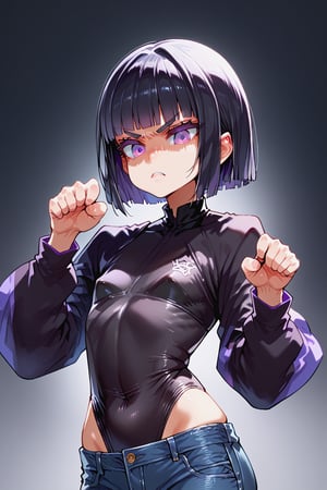 score_9, score_8_up, score_7_up, source_anime,blank background, (black leotard), baggy sleeves, (low cut jeans), purple eyes, black hair, short hair, blunt bangs, hime cut,Mix Style, , shaded face, disgust, paw pose