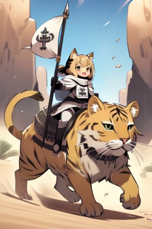 cute knight, cat girl, riding big cat, desert, banner spear,