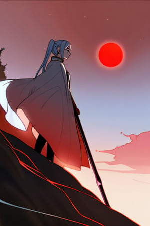 massive staff, standing on top of a hill, eclipsing red sun,frieren, burningeyes