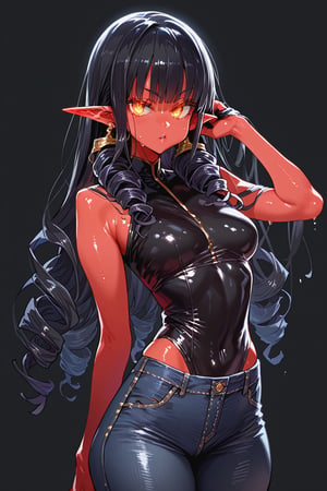 score_9, score_8_up, score_7_up, source_anime,blank background, black leotard, jeans, excessive sweat, shiny skin, sagawa, pointy ears, long hair, black hair, drill hair, gold eyes, glowing eyes, red skin,