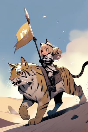 cute knight, cat girl, riding big cat, desert, flag spear, cat ears on flag