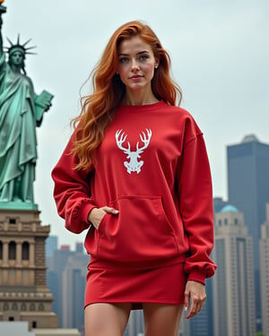 Statua della Libertà New York, a woman with long red hair, thin face and blue eyes. Dressed in a miniskirt, red sweatshirt