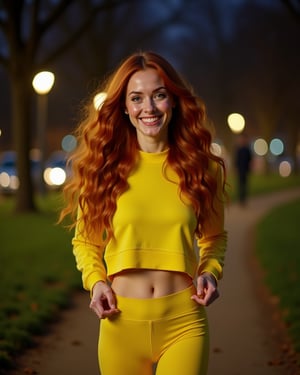 A woman in Central Park at night, (a woman with long wavy red hair, blue eyes and a thin face) and a beaming smile, wearing a yellow jogging outfit, leggings and sweatshirt