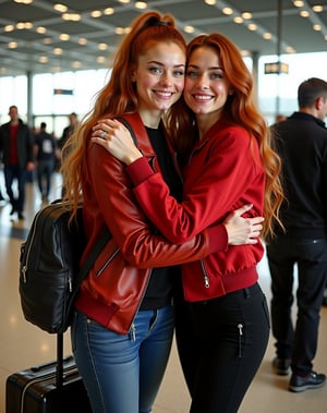 A woman at the airport and hugging Ariana Grande, a woman with long red hair, jeans, red jacket, thin face and blue eyes