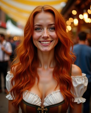 a standing oktoberfest woman (a woman with long wavy red hair, blue eyes and a thin face) with a beaming smile