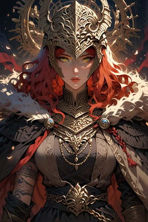 safe_pos, (score_9, score_8_up:1.1), score_7_up, beautiful  girl, A female warrior Malenia The Blade of Miquella from an Elden Ring game and wearing red hair under a helmet with a long gold cape in the dark anime fantasy style inspired by the berserk manga and style of Kentaró Miura, tattoo design, bold black lines,  . --ar 9:16 --s 750 --niji 6, posing, high_resolution, hyper_detailed, hyper_texture, parted_lips, parted_texture, head_bowned_down))