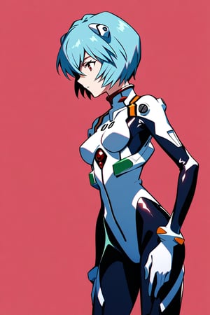 ayanami rei, evangelion, plug-suit, standing, simple background, red background