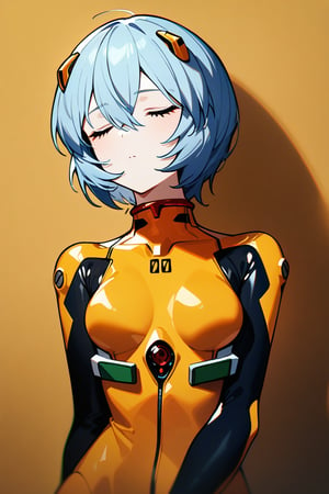 1girl,ayanami rei, plug-suit, standing, upper body, from fornt, emotionless, closed eyes, simple background, wall, yellow wallpaper, masterpiece, best quality, absurdres