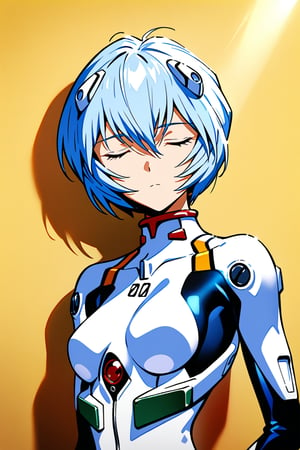 1girl,ayanami rei, plug-suit, standing, upper body, from fornt, emotionless, closed eyes, simple background, wall, yellow wallpaper, wind, sunlight, masterpiece, best quality, absurdres