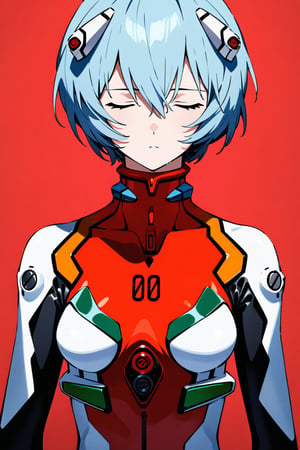 ayanami rei, evangelion, plug-suit, standing, upper body, from fornt, emotionless, closed eyes, simple background, red background, masterpiece, best quality, absurdres, 