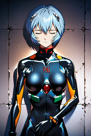 1girl,ayanami rei, plug-suit, standing, upper body, from fornt, emotionless, closed eyes, BREAK simple background, wall, desktop_background, dimly lit, masterpiece, best quality, absurdres