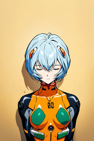 1girl,ayanami rei, plug-suit, standing, upper body, from fornt, emotionless, closed eyes, BREAK simple background, wall, yellow wallpaper, wind, sunlight, masterpiece, best quality, absurdres