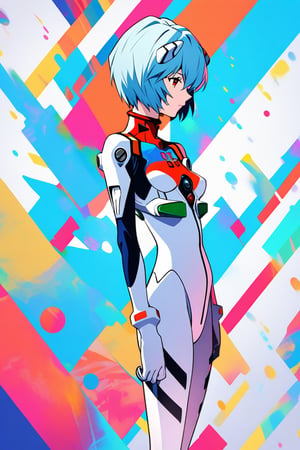 ayanami rei, evangelion, plug-suit, standing, abstract background