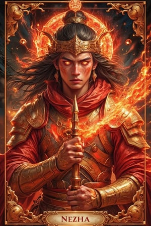 Symmetrical, fiery warrior, celestial enforcer theme, portrait of Nezha in tarot card style, intricate detail, merge righteous fury with relentless pursuit of justice, flaming red and gold palette, artwork, crisp lines, warlord aesthetics, masterpiece, abstract, surrealism, realistic, detailed, high resolution. A fierce young warrior with fiery red armor and golden accents, wielding a spear. His eyes blaze with anger, surrounded by a glowing red aura, with long flowing hair and a determined expression, capturing his celestial origins, Leonardo Style,Movie Poster,MoviePosterAF, 'NEZHA' word