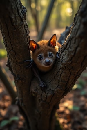 A majestic brown bat perches on a gnarled tree branch, its leathery wings folded delicately around it. The warm sunlight casts long shadows across the forest floor, illuminating the intricate patterns on the bark. The camera captures a close-up shot of the bat's curious face, its large eyes gleaming with a hint of mischief.