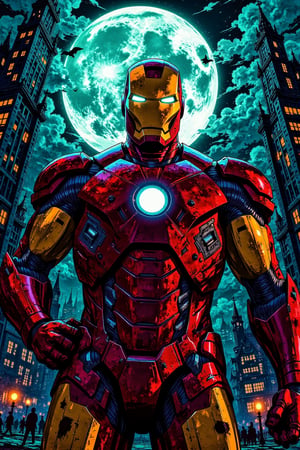 A close-up shot of Iron Man's face, lit by a faint glow from his Arc Reactor. His eyes gleam with determination as he stands proudly in front of a sleek, metallic background, the cityscape visible through the transparent walls. Iron Man's suit glistens with subtle sheen, highlighting its advanced technology. He poses confidently, one hand resting on his hip, radiating a sense of power and authority.,illustration night halloween theme