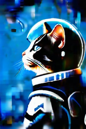 style. Oil Painting full size of a black and white cat wearing a space suit adn looking to the side, , blue background, , a lot of empty space, side profile