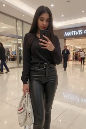 ADITI in mall selfie , wearing black leather pants.