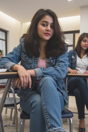 Front camera shot, full body image, 25 year old, wearing blue denim jacket and jeans pants, very slim body, sexy indian schoolgirl sitting in tution class with friends.