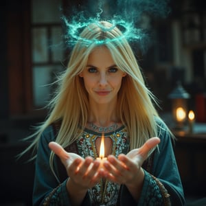 A breathtaking 8K+ portrait of a ravishing blonde sorceress, smiling,  radiating mystical power as she revives love's spark. Her piercing blue eyes, like sapphires, shine with intense magic and emotion, surrounded by warm candlelight and arcane symbols. Turquoise wisps swirl around her, forming ethereal halos and intricate patterns. Raised hands channel energy, releasing shimmering light and mystical symbols from palms. Soft focus on the sorceress and ritual elements, with blurred background to maintain visual intimacy.