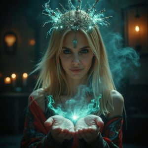 A breathtaking 8K+ portrait of a ravishing blonde sorceress, smiling,  radiating mystical power as she revives love's spark. Her piercing blue eyes, like sapphires, shine with intense magic and emotion, surrounded by warm candlelight and arcane symbols. Turquoise wisps swirl around her, forming ethereal halos and intricate patterns. Raised hands channel energy, releasing shimmering light and mystical symbols from palms. Soft focus on the sorceress and ritual elements, with blurred background to maintain visual intimacy.