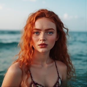 close-up photo at Sadie Sink in the ocean on sunset, in the style of hyper-realistic portraits, gongbi, crimson and amber, blink-and-you-miss-it detail, the snapshot aesthetic, glowwave, poolcore,FluxBoost