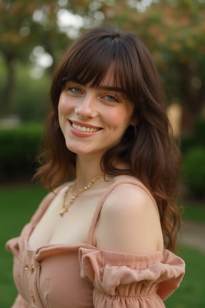 Cinematic quality, professional portrait of Billie Eilish with subtle grain. She wears a dress, makeup, and brown hair. Fine art photography style, resembling a film still from a movie scene. Outdoors setting, Billie smiles warmly. Composition highlights her expressive eyes and elegant attire.