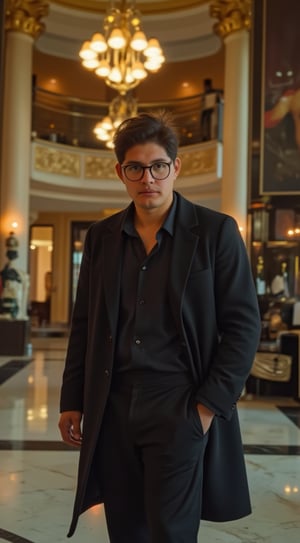 In the majestic hall of a luxury hotel, axelmuso, also known as musolinoaxel, stands, slightly inclined to one side, in a medium plane that highlights both his figure and the opulence of the surroundings. The image was captured with a Sony a7III, using an 85mm f/1.4 lens, which provides a beautiful blur of the background, highlighting its presence in space. Soft light coming from elegant chandeliers illuminates his face, creating a cinematic effect that accentuates his distinguished demeanor.

Axelmuso, a man with an athletic build and dark hair, is wearing an oversized black shirt combined with an elegantly cut wool coat. His ((black lenses)) add a touch of sophistication as he looks at the camera with a confident and charming expression. His relaxed posture, with one hand in his pocket, suggests confidence and style.

The hotel lobby is adorned with polished marble, golden columns and works of contemporary art, creating an atmosphere of luxury and elegance. The soft shadows falling on his perfect skin emphasize his expression, while the bright reflections of the decoration enhance the opulent atmosphere. This portrait of Axelmuso in the hotel lobby not only captures his modern style, but also evokes a sense of sophistication and splendor in an exclusive setting.

Hyper-realistic, realistic, detailed image, perfect skin, super quality image, super resolution, 8k, photorealistic, intricate details, high contrast, depth of field, cinematic lighting, vivid textures, luxurious atmosphere, soft light capture, contemporary style, composition balanced, sharp focus, elegant, sophisticated, opulent atmosphere.,Midjourneyart 