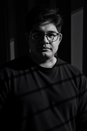 A striking black and white portrait photograph of amusolinoaxel,axelmuso . The dramatic lighting casts deep shadows across their face and body, creating a captivating striped pattern. The subject is wearing a large black sweatshirt with black glasses. the lighting accentuates the facial contours and the unique texture of their hair. The background features vertical lines that complement the overall striped effect, making for a powerful and artistic portrait., portrait photography,