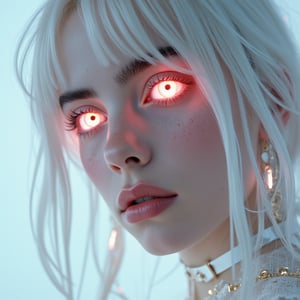 close, albino Billie Eilish woman with glowing eyes and hair in white gold jewelry, light painting, futuristic digital, realistic sci-fi, lights, gold filigree, silver lashes, diamond, ethereal, misty, holographic, white sky on background,glitter