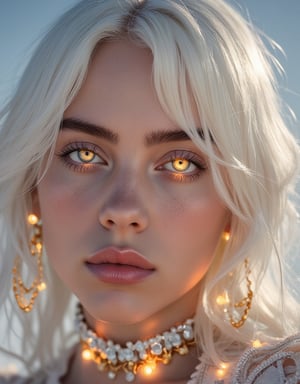 close, albino woman ((with glowing eyes)) and (hair in white gold jewelry), light painting, futuristic digital, realistic sci-fi, lights, gold filigree, silver lashes, diamond, ethereal, misty, holographic, white sky on background,(glitter)