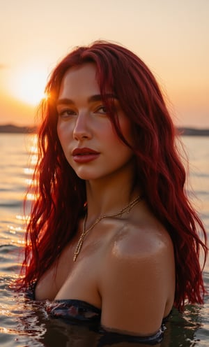 A long shot photo of a woman with dark red hair and brown eyes resembling Dua Lipa, standing in the ocean at sunset. She is positioned in the center of the image, with plenty of space around her, ensuring it's not a close-up shot. The scene features hyper-realistic portraiture with natural lighting, blending the styles of gongbi, crimson and amber hues, and a glowwave aesthetic. The photo captures a snapshot feel, emphasizing a relaxed, 'poolcore' vibe, with soft reflections of the sunset on the water. The lighting adds a dreamy touch, highlighting her features in a warm glow.