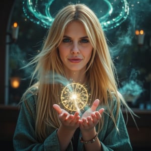 A breathtaking 8K+ portrait of a ravishing blonde sorceress, smiling,  radiating mystical power as she revives love's spark. Her piercing blue eyes, like sapphires, shine with intense magic and emotion, surrounded by warm candlelight and arcane symbols. Turquoise wisps swirl around her, forming ethereal halos and intricate patterns. Raised hands channel energy, releasing shimmering light and mystical symbols from palms. Soft focus on the sorceress and ritual elements, with blurred background to maintain visual intimacy.