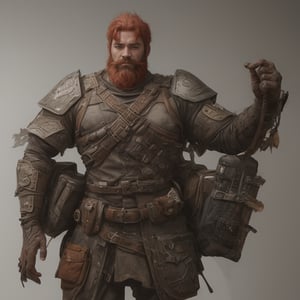 Male, dwarf,heavy_plate_armor,red_hair,medium_beard,undercut,center_compostioning,pouch_of_artifacers_tools_on_hip,moutain_background,fullbody,fully_clothed