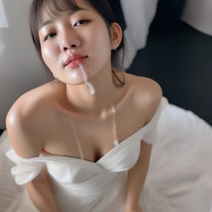 In the close-up, a young Asian woman wearing a sexy off shoulder dress looks up slightly at the sky, hands behind her back, and a waist strap that perfectly outlines her slender figure,(cum on face)(cum in mouth)(cum corverd)