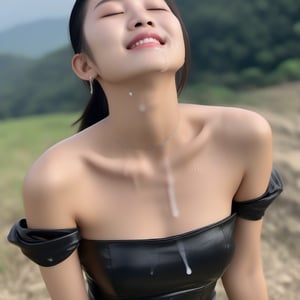 In the close-up, a young Asian woman wearing a sexy off shoulder dress looks up slightly at the sky, hands behind her back, and a waist strap that perfectly outlines her slender figure,(cum on face)(cum in mouth)(cum corverd)