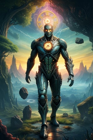 A towering, surreal figure, half human and half robot, stands in an otherworldly landscape. The left side of the body is organic, featuring fluid muscles and skin, while the right side is a gleaming, intricate machine with exposed gears, cables, and metal plates. The human eye glows with an ethereal light, contrasting with the robotic eye pulsing with energy. Surrounding the character is a blend of reality and dream: a melting clock hangs over a twisted tree, and floating rocks defy gravity. The sky is a swirling mix of vibrant colors, reflecting the dual nature of flesh and metal in the character.