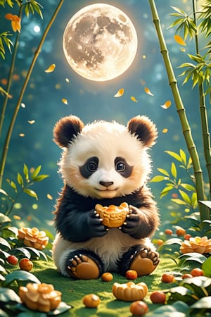 Hyperrealistic art RAW analog photo, 1 baby panda sitting in a bamboo forest, (eating a mooncake:1.4), beneath the full moon's silvery gaze,
detailed texture, volumetric light, intricate details, sharp focus, atmospheric perspective, raytracing, subsurface scattering, 
