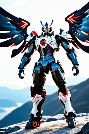 masterpiece, best quality, 1 37 year old boy, angel death, dynamic pose in shipyard, black hair, short hair one side up, robot eyes, black eyes, red and white lightning armor, CyberskullAI, cyborg style
[a combination of a large winged garuda, robot, stocky and strong body, large muscles, carrying a large sword in his right hand, standing pose with his back facing the camera on a mountain peak, frostracetech, robot, more details XL, humanoid cyborg style, framing: ground level , frontal, full_body, cyborg style, white background