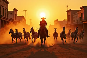 Image: A breathtaking chase through the dusty streets of an Arizona ghost town. A lone cowboy, silhouetted against the setting sun, rides his trusty horse at high speed, pursued by a posse of menacing, zebras. The chase culminates in a dramatic standoff, with the cowboy and his horse facing off against the posse in a dusty arena.

Composition:

The cowboy is positioned at the center of the image, with the horses forming a semicircle around him.
The camera is positioned at a low angle, looking up at the action, creating a sense of power and speed.
Lighting:

Warm, golden sunset lighting bathes the scene in a soft glow.
The dusty streets are illuminated, creating a dynamic interplay of light and shadow.
Color Palette:

Earthy tones with vibrant accents of red, orange, and gold.
The dusty streets are a warm, rusty brown, while the horses are a rich, deep brown.
Additional Elements:

Detailed background of the abandoned town, showing weathered buildings and dusty streets.
Dust clouds billowing up behind the zebras.
The cowboy's silhouette, silhouetted against the setting sun.
Tone:

Excitement, danger, and a touch of nostalgia.
A mix of gritty realism and epic action.
Keywords:

Cowboy chase, Arizona, sunset, zebras, action, adventure, danger, standoff, dusty town, abandoned buildings.